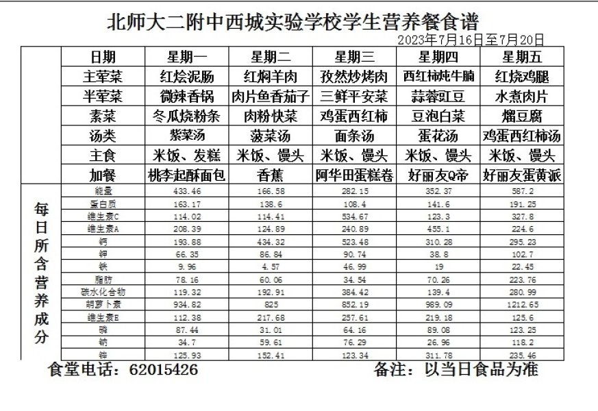 10月16日—10月20日学生餐